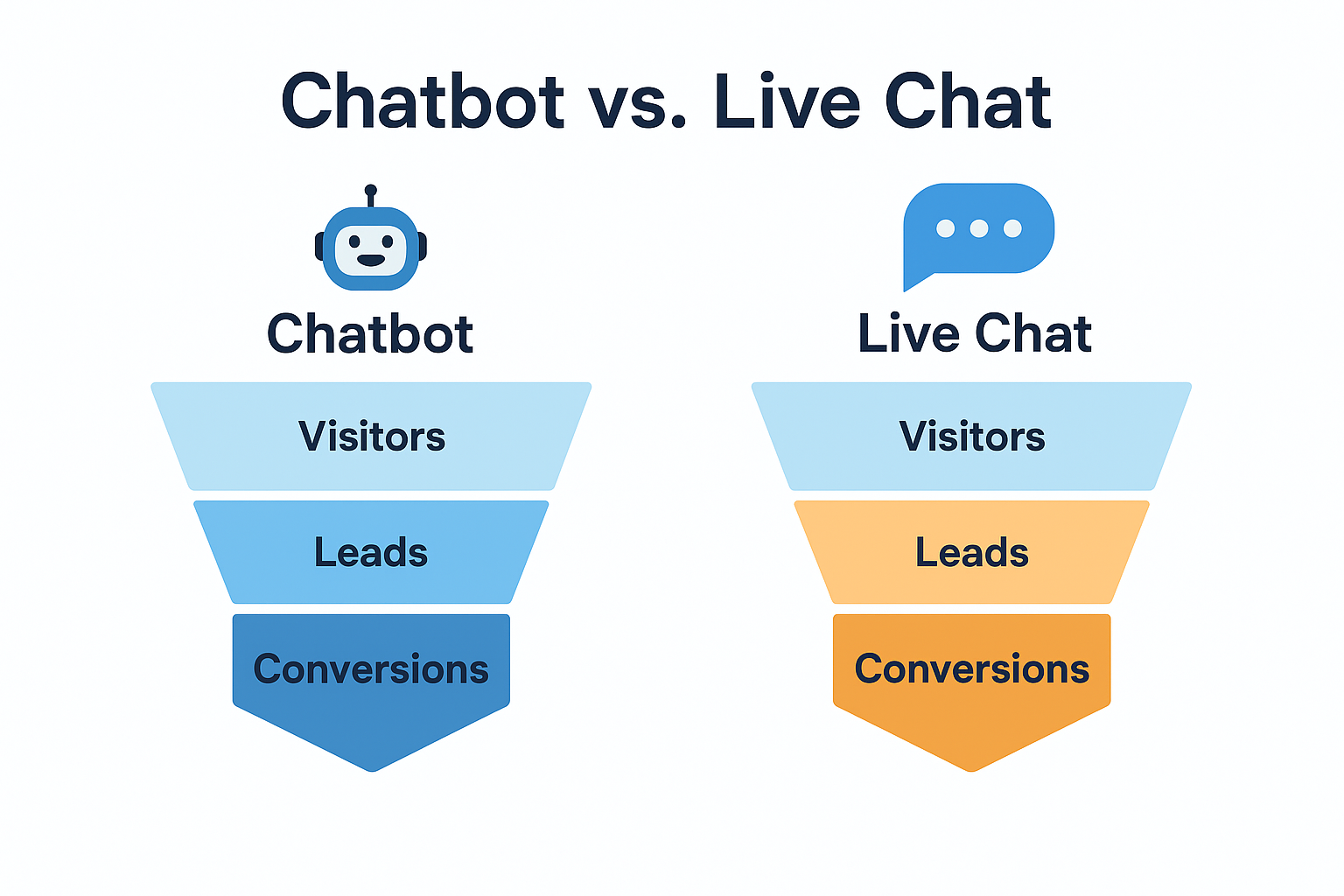 Side-by-side funnel comparison of chatbot vs live chat lead generation, showing scalability, qualification, and conversion differences.