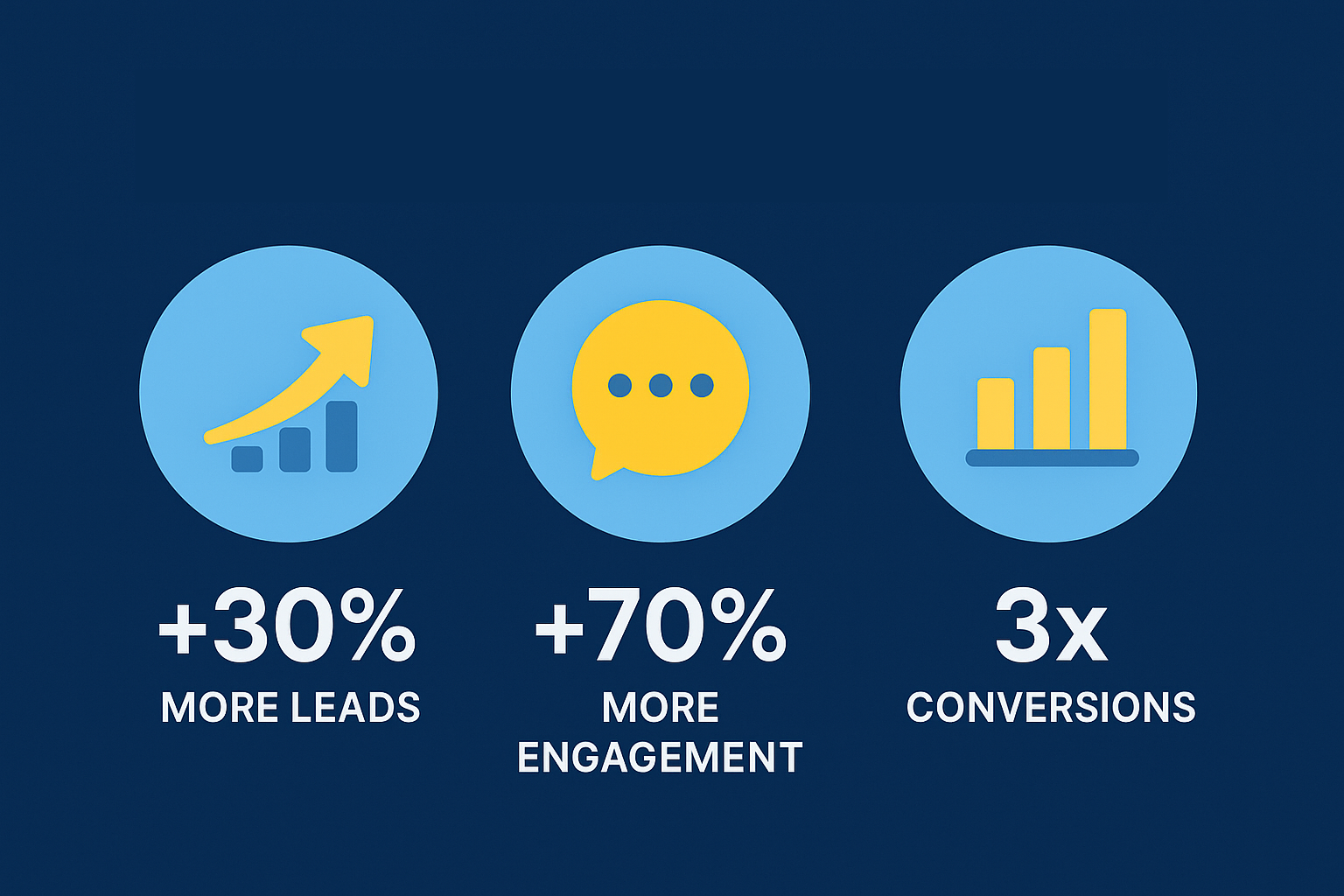 Infographic showing sales pipeline performance metrics: 30% more leads, 70% higher engagement, and 3x conversions.