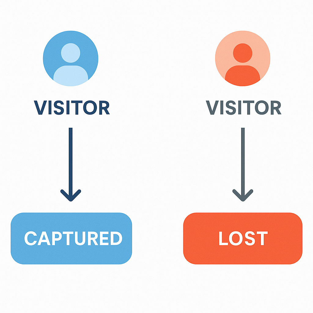 Flow diagram showing chatbot lead capture vs lost visitor journey, comparing successful conversion path with failed lead loss.